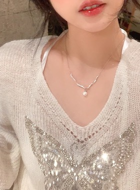 波浪仿珍珠项链女轻奢锁骨链