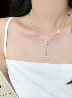 夏日度假风银色星星叠戴项链女