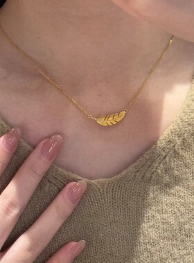 金色拉丝羽毛项链女气质吊坠