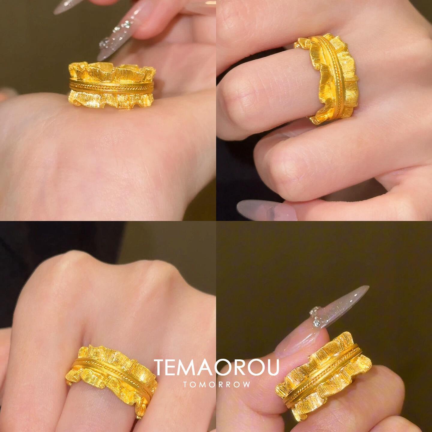 Retro gold lace texture wide ring for women