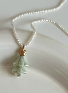 复古星星仿珍珠圣诞树项链女