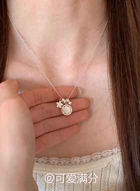 韩系银色磨砂花朵罗盘吊坠项链女