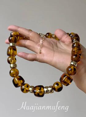 美拉德复古豹纹串珠项链女