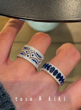 中古vintage仿蓝宝石宽版戒指女