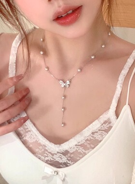 银色爆闪蝴蝶仿珍珠项链女吊坠
