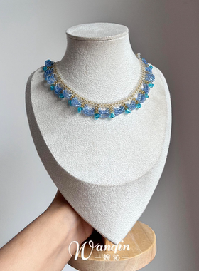 法式复古蓝色米珠蕾丝花边项链女