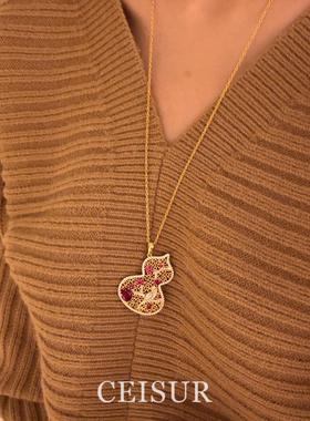 新中式金色花窗福禄葫芦项链女