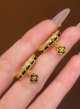 新中式复古黑金色四叶花吊坠戒指