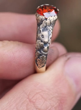 中古vintage松鼠猫头鹰橡叶戒指