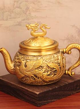 黄铜龙凤祥转转茶壶套装家转用高档龙见描述摆凤转茶杯送云礼件