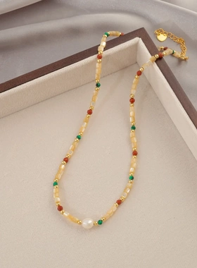 天然石淡水珍珠琉璃串珠项链饰品女夏季高级感轻奢百搭锁骨链颈链