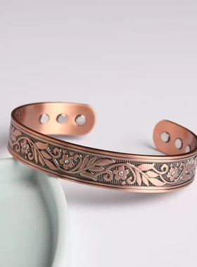 新款镀铜磁石手镯女款 欧意花纹复古手环C型开口可调节