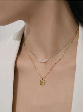 法式轻奢玫瑰花珍珠双层钛钢项链女小众设计感气质锁骨链毛衣链