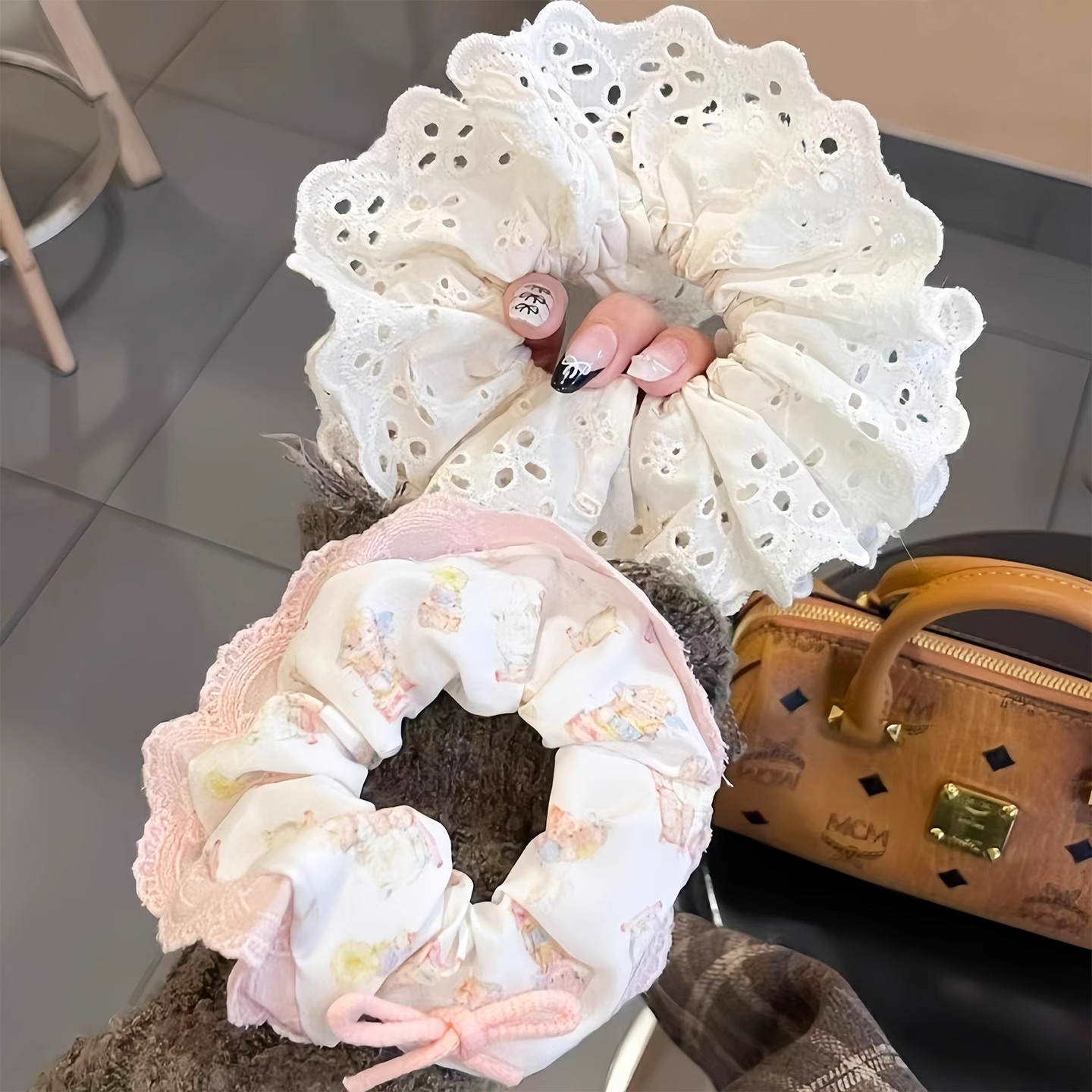 芭蕾风奶蓝格子重工烫钻蕾丝花边韩版大肠发圈可爱奶油甜妹发绳女 - 图1