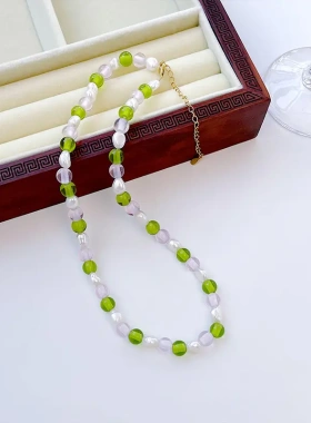 s925银淡水珍珠琉璃串珠项链女韩版ins风小众设计气质颈链