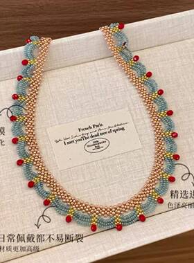 不锈钢玻璃珠花边颈链法式复古宫廷风串珠项链轻奢小众设计项饰女