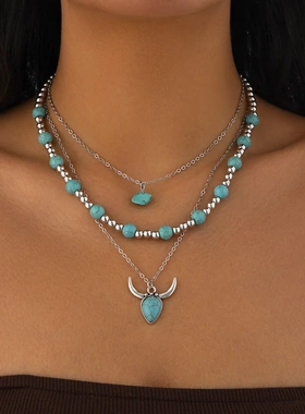 欧美复古仿松石牛头锁骨项饰 异域民族风仙人掌叠戴串珠项链合金