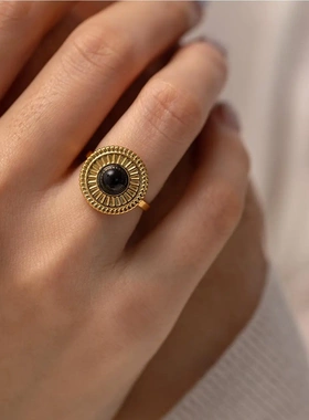 欧美ins风戒指纽扣圆盘半宝石可调节戒指百搭钛钢不掉色戒指电镀