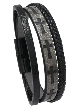 热卖多层手工编织pu皮革十字手链欧美男士皮绳磁铁扣手环手镯棕色