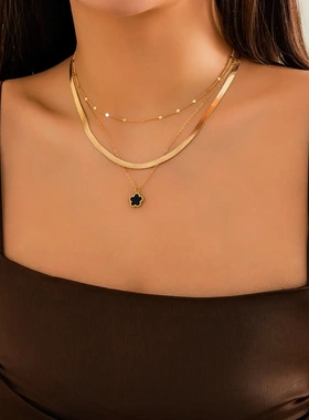 欧美跨境五叶草彩色蛇骨链套装项链女 冷淡风金属neck链条项饰