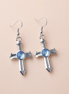 tail 的尾巴格雷十字架项链蓝宝石耳环耳钩合金电镀几何型常规链-