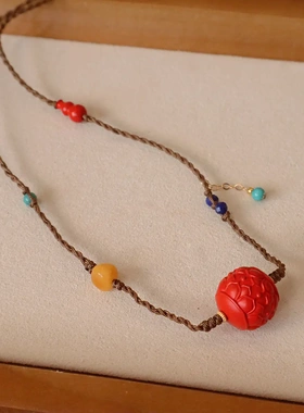 天然朱砂水飞砂转运珠莲花多宝蜜蜡绿松编绳项链毛衣链手工几何型