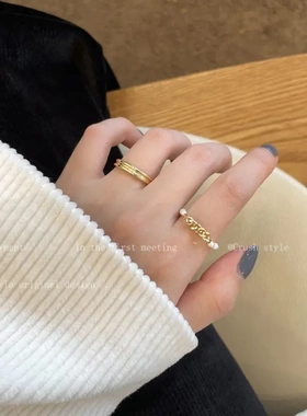 金色链条珍珠戒指2025新款两件套小众独特指环轻奢高级感戒子合金