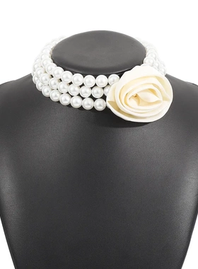 n11747欧美法式复古浪漫珍珠项链 清新甜美玫瑰花宴会颈链仿珍珠