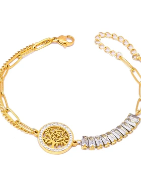 欧美饰品刀片链镂空圆形图案项链钛钢保色电镀生命树满钻吊坠银