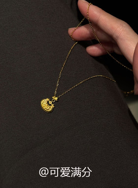 新中式复古金色花丝小福锁项链