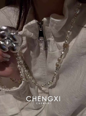 长款不规则仿珍珠山茶花项链