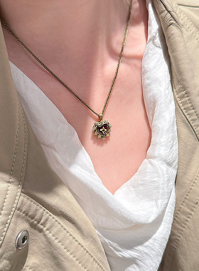 中古金色红宝石爱心吊坠项链女