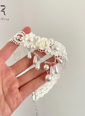 宫廷风白色蕾丝仿珍珠项链女配饰