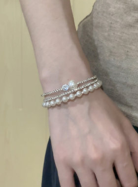 法式仿满钻珍珠串珠多层手镯女生