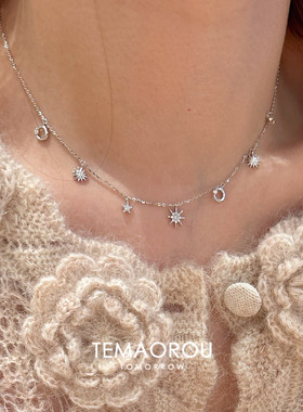 老钱风星芒半月星星吊坠流苏项链