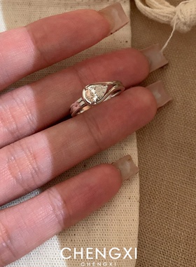 韩系银色线条水滴仿钻戒指女