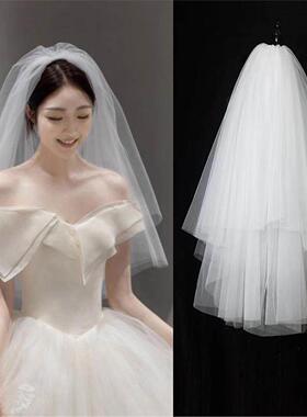 白色婚纱头纱高级感新娘主缎面软纱婚礼主纱仪式求婚领证超仙头饰