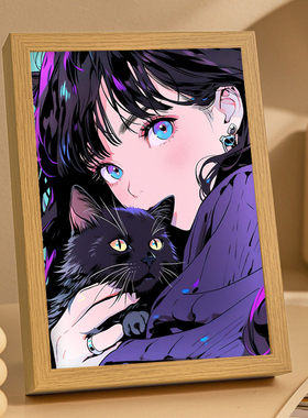 赛博朋克猫咪女孩灯光画电竞房桌面摆件创意卡通小夜灯实用礼物