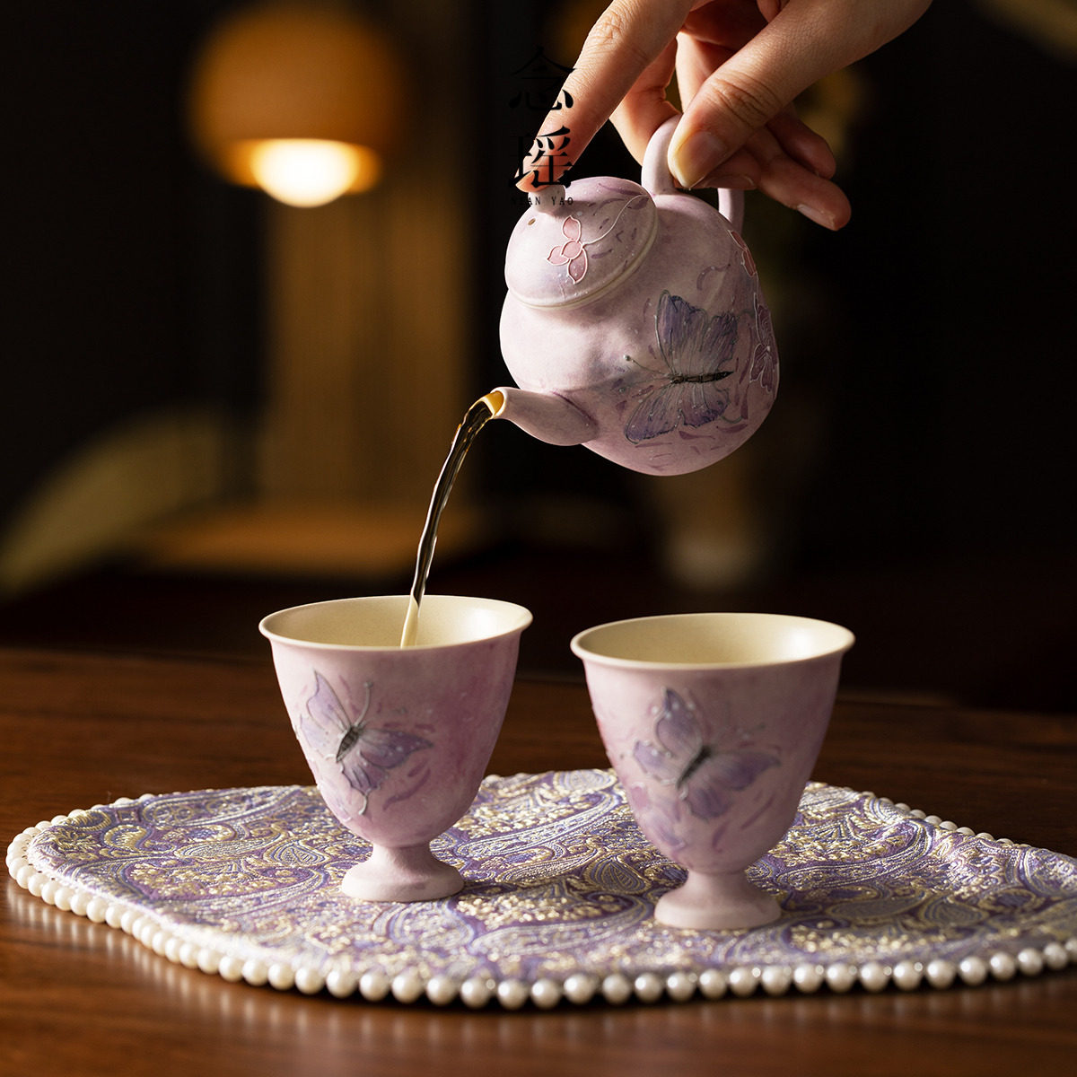念瑶油画紫偏偏蝶舞泡茶壶品茗杯壶家用陶瓷功夫茶具教送朋友闺蜜,淘宝优惠券,粉丝福利购,淘宝优惠卷