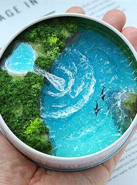 地中海风格手工蓝色树脂摆件 海豚月牙岛铁盒微缩景观创意海洋瀑