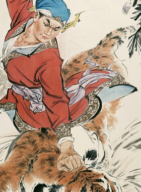 武松打虎卷轴画水浒英雄人物武松画像挂画茶楼酒店玄关装饰丝绸画