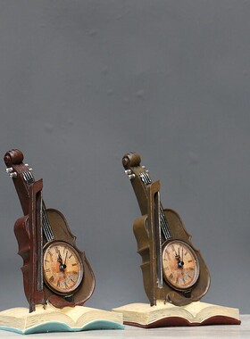 欧式复古小提琴摆件创意装饰台钟表客厅咖啡厅办公室桌面座钟摆设