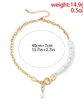 欧美饰品 冷淡风异形珍珠吊坠项链女 嘻哈复古金属扣链条项饰