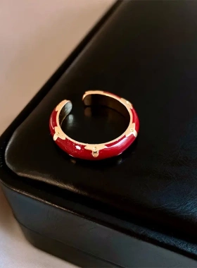 拉红色竹节锆石菱形开口戒指轻奢高级感食指戒新中式复古手饰