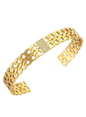 欧美时尚简约气质链条开口手镯不锈钢镀18k金微镶竖条纹滴油手饰