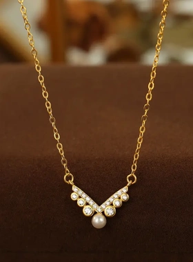 s925银轻奢v字镶钻珍珠项链女高级感法式气质新款潮锁骨链