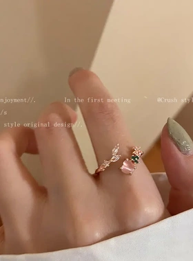 双层爱心锆石开口戒指女甜美设计小众高级感食指戒网红可调节指环