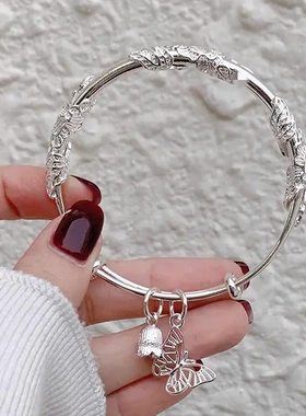 包邮繁花似锦银色手镯女高级感古法素圈配饰品合金推拉实心镯子