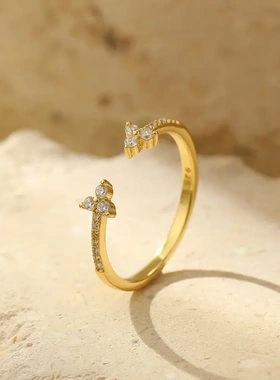 s925银镶钻开口戒指女轻奢精致幸运小花指环潮可调节