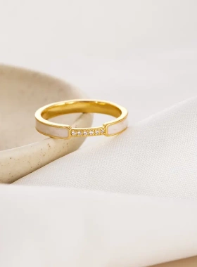 铜镀真金日系简约花迹镶钻戒指女潮轻奢时尚细圈食指冷淡风指环